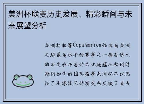 美洲杯联赛历史发展、精彩瞬间与未来展望分析