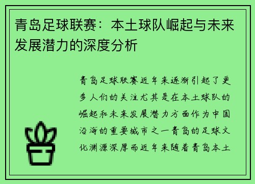 青岛足球联赛：本土球队崛起与未来发展潜力的深度分析