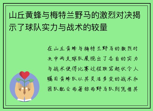 山丘黄蜂与梅特兰野马的激烈对决揭示了球队实力与战术的较量